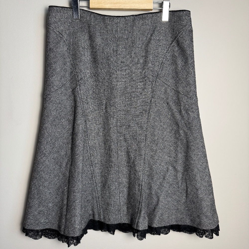 LeComte Women's 12 Wool/Silk Midi Skirt Lace Trim‎ Gray/Black Flare Lined